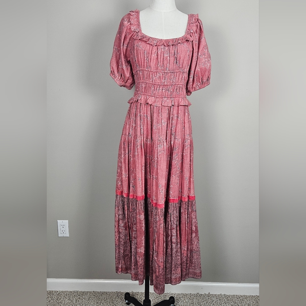 RO'S GARDEN Puff Sleeve Smocked Bodice Midi Dress-Red(blush/rose) Floral/Paisley